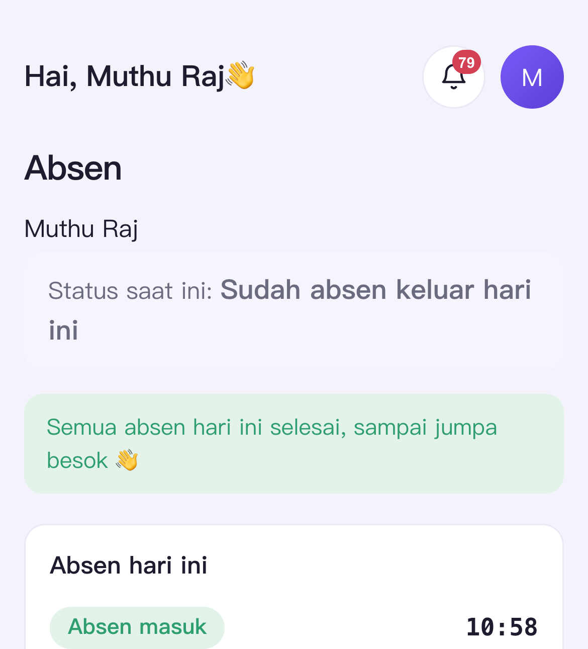 員工 App 打卡頁的印尼文介面,顯示打卡狀態與紀錄